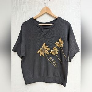 AS65 Luxury Italian Streetwear Black Oversized Top Gold Palm Tree Flamingo Beads